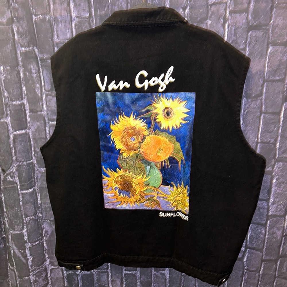 Manfinity EMRG Men Plus Sunflower Van Gogh Graphic Denim Vest Black Sz3X